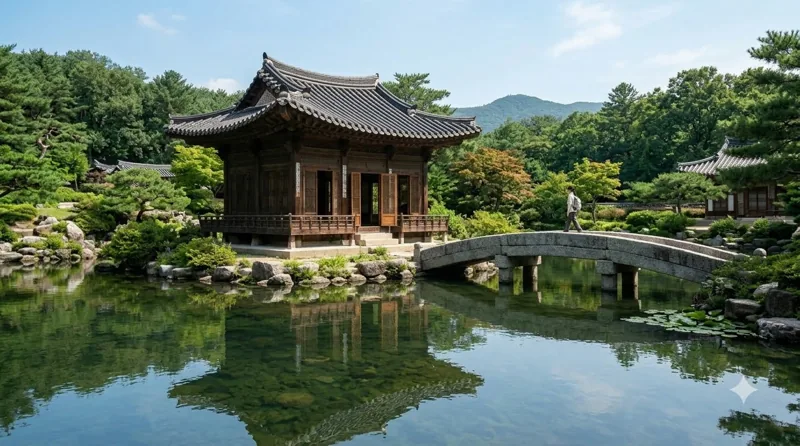 세연정 전경, 연못 위 돌다리를 건너는 방문객과 정자, 주변 소나무숲