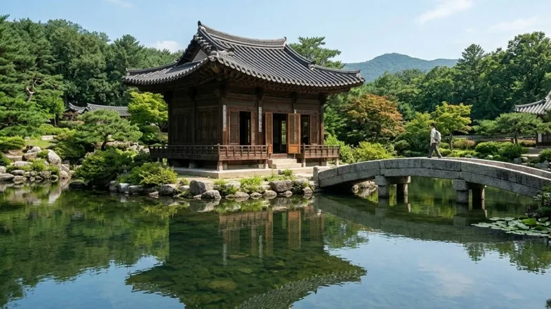 카메라를 든 방문객이 세연정 앞 돌다리를 건너는 모습