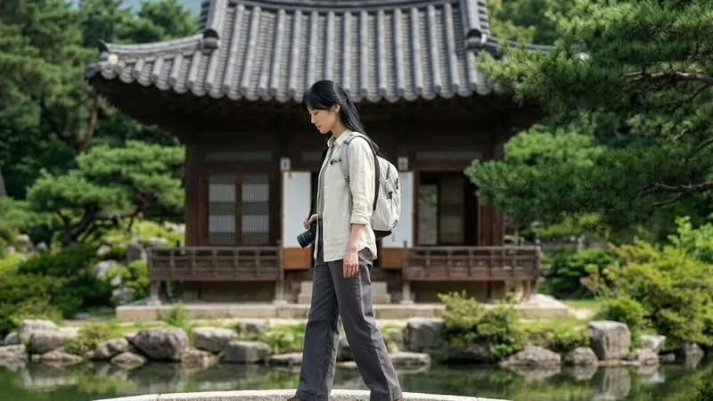 세연정 돌다리를 건너는 방문객 클로즈업, 뒤로 정자 지붕이 보임