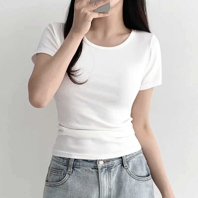 허블리 여성 슬림 베이직 면 스판 유넥 라운드넥 반팔 티셔츠