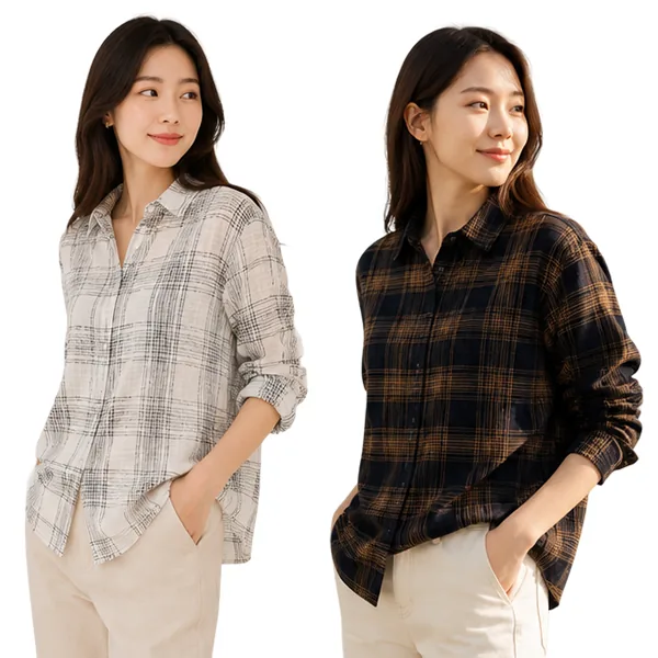 장바9니 여름 냉감 루즈핏 7부 체크 쉬폰 여성 블라우스 카라 셔츠