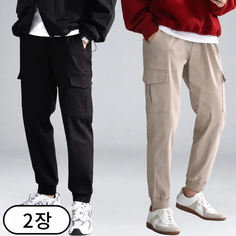 1+1 남자 카고 조거팬츠 스판 밴딩 일자핏 빅사이즈 바지 (6079-2)